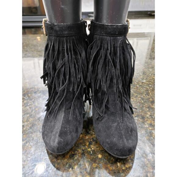 Forever Fringe Booties Women's 7.5 Black Suede Round Toe Stiletto Heel Side Zip - Picture 1 of 15
